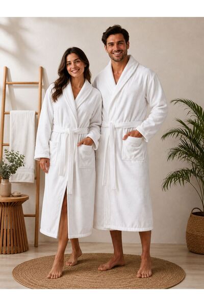 DENIZAY Beyaz Cotton | %100 Pamuklu | Unisex Şalyaka Bornoz | S/.../3XL