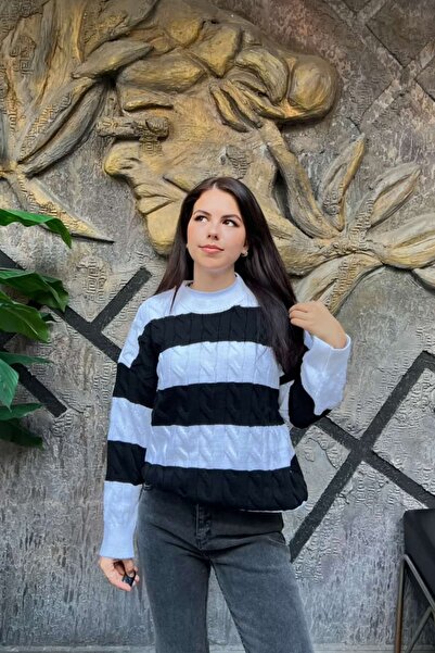 sunfyre Oversize Striped Crew Neck Hair Braided Knitwear Sweater Sun526