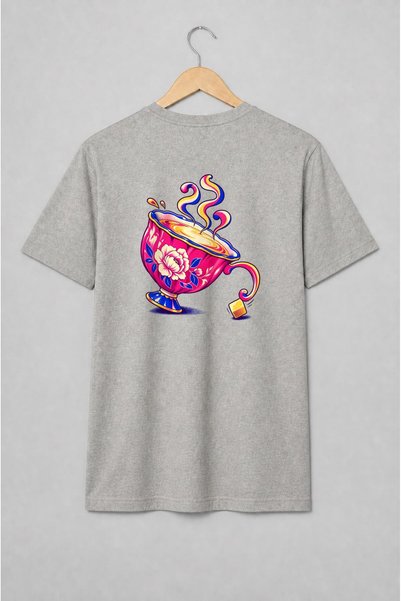 Generic Brand Tricou unisex cu Ceașcă de ceai florală în stil pop art