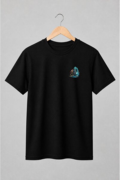 Generic Brand Tricou unisex cu Exploratoare fantasy lângă monolitul cu cascadă