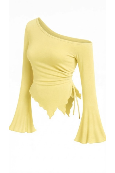 Wildflover Yellow Long Sleeve Asymmetrical Collar Draped Side Tie Blouse Top