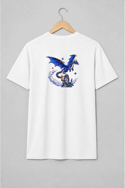 Generic Brand Tricou unisex cu Dragon albastru și castel medieval pixel art