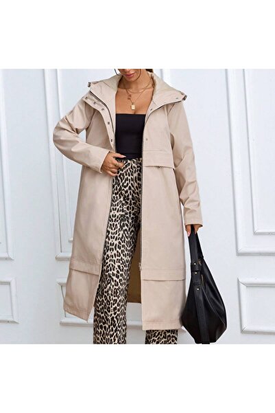 ladyzey Women's Beige Hooded Long Trench Coat with Drawstring Waist