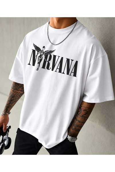 LUQES MEN'S WEAR Premium Unisex NİRVANA Baskılı %100 Pamuklu Bisiklet Yaka Kı...
