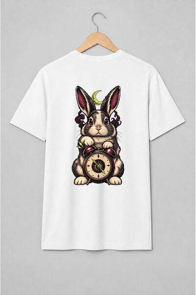 Generic Brand Tricou unisex cu Iepure cu ceas și semilună vintage