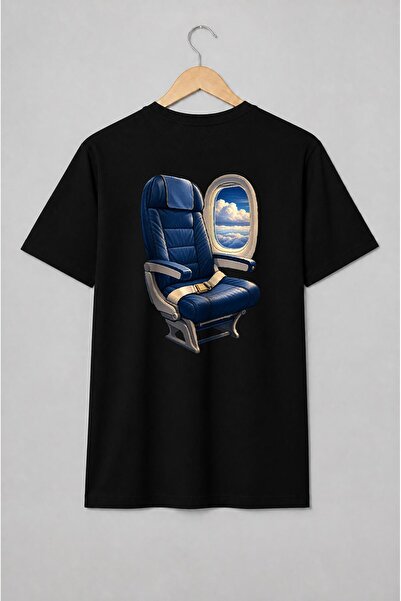 Generic Brand Tricou unisex cu Scaun de avion și fereastră cu nori pentru căl...