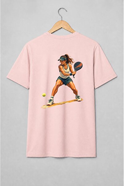 Generic Brand Tricou unisex cu Jucătoare de padel cu rachetă ilustrație pictu...