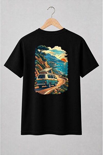 Generic Brand Tricou unisex cu Camper pe drum de coastă mediteraneană retro