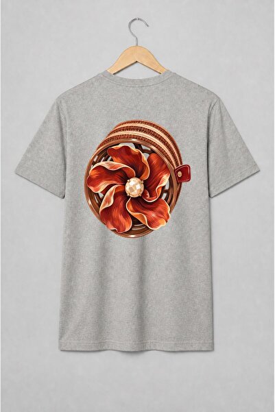 Generic Brand Tricou unisex cu Floare roșie cu ornament central în stil vintage