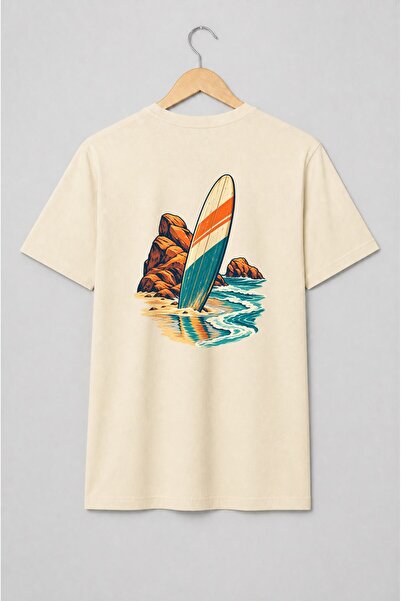 Generic Brand Tricou unisex cu Placă de surf pe plajă în stil retro