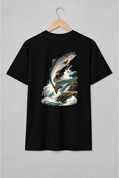Generic Brand Tricou unisex cu Pește sărind peste cascadă pentru pescari