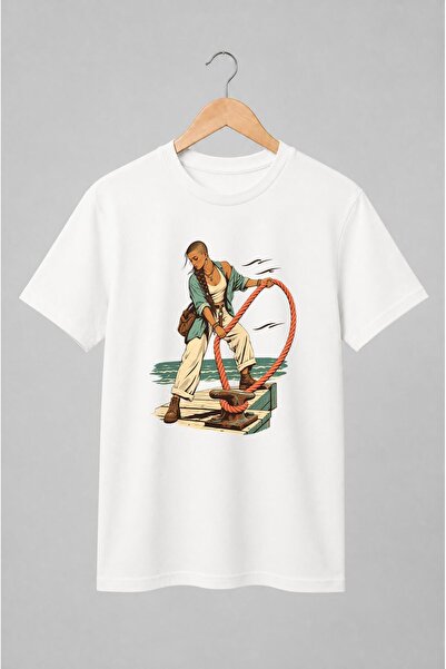 Generic Brand Tricou unisex cu Femeie pe ponton cu frânghie marină vintage
