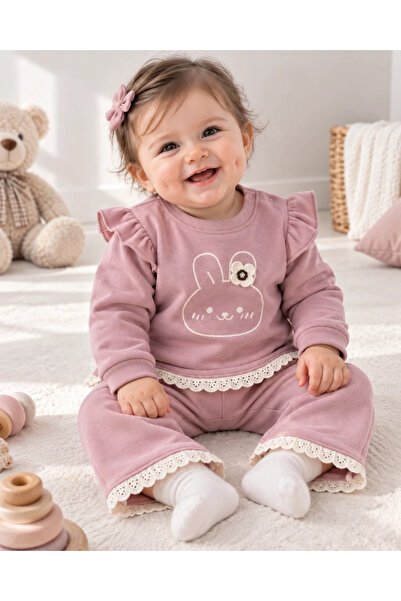 hümabebe Rabbit Detail Shoulder Snap Fastener Shawl Winter 2-Piece Baby Set