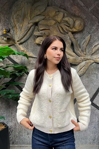 sunfyre Classic Crew Neck Stripe Detailed Women's Knitwear Cardigan Sun525