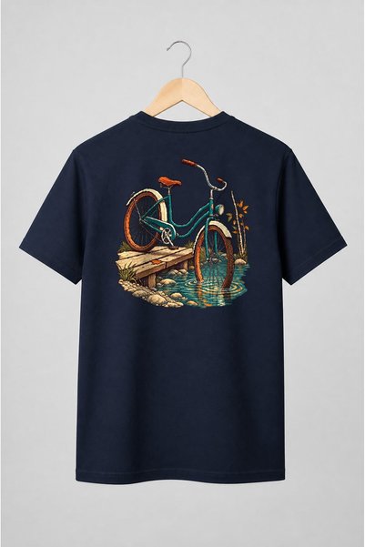 Generic Brand Tricou unisex cu Bicicletă vintage pe pod de lemn