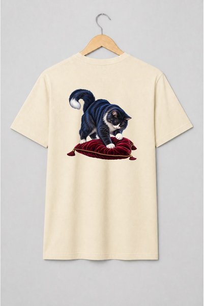 Generic Brand Tricou unisex cu Pisică alb-neagră pe pernă de catifea stil baroc