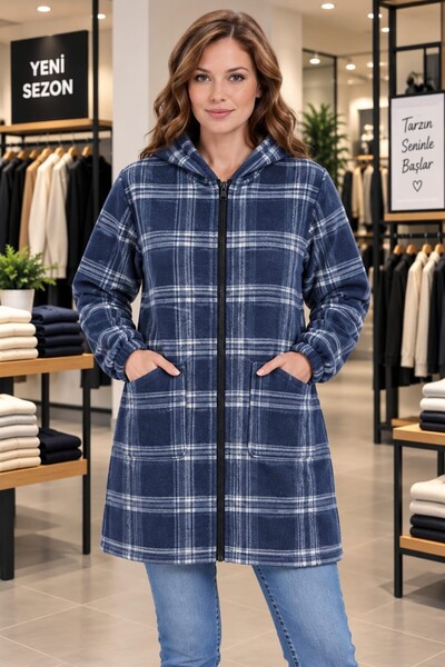 maisonvalenne Kadın Ekose Desenli Kapüşonlu Fermuarlı Uzun Peluş Hırka
