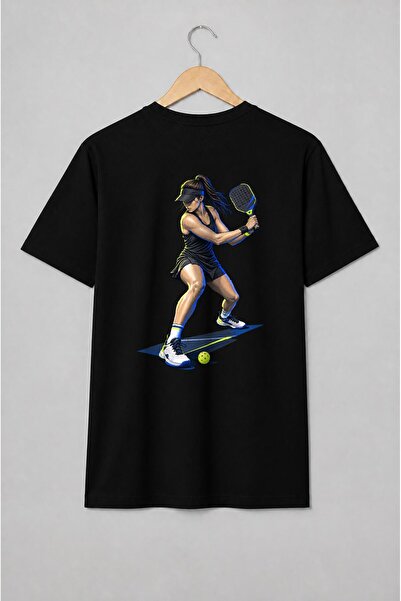 Generic Brand Tricou unisex cu Jucătoare de padel cu rachetă stil neon sportiv