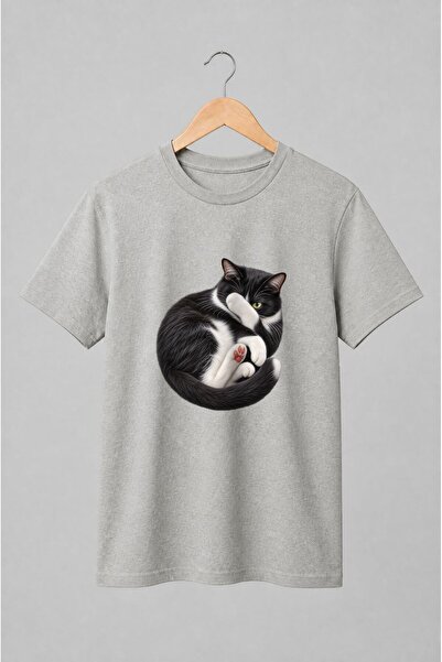 Generic Brand Tricou unisex cu Pisică tuxedo alb-negru portret realist