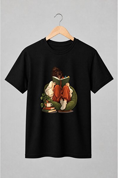 Generic Brand Tricou unisex cu Fată citind în fotoliu stil cozy