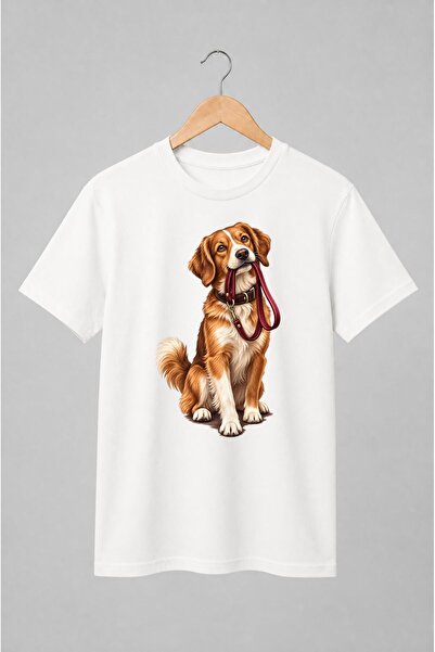 Generic Brand Tricou unisex cu Cățeluș cu lesă în gură ilustrație realistă