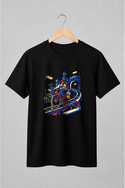 Generic Brand Tricou unisex cu Ciclist urban pe bicicletă în oraș stil pixel art