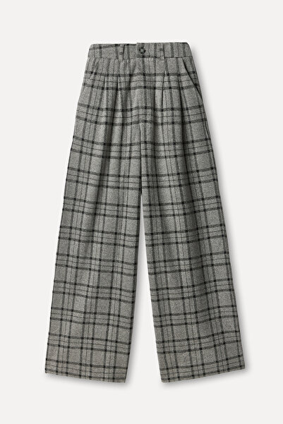 Mudo Kadın Gri Ekoseli Wide Leg Pantolon