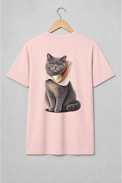 Generic Brand Tricou unisex cu Pisică gri cu guler extravagant portret de modă