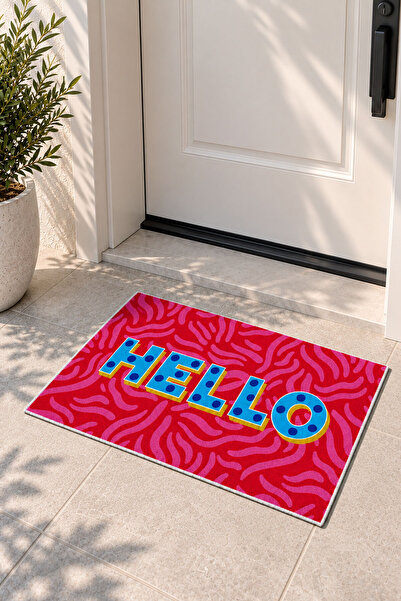 Toronto Home HELLO Kaymaz Taban Yıkanabilir Dijital Renkli Pembe Kapı Önü Pas...