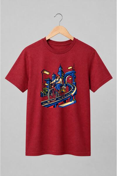 Generic Brand Tricou unisex cu Ciclist urban pe bicicletă în oraș stil pixel art