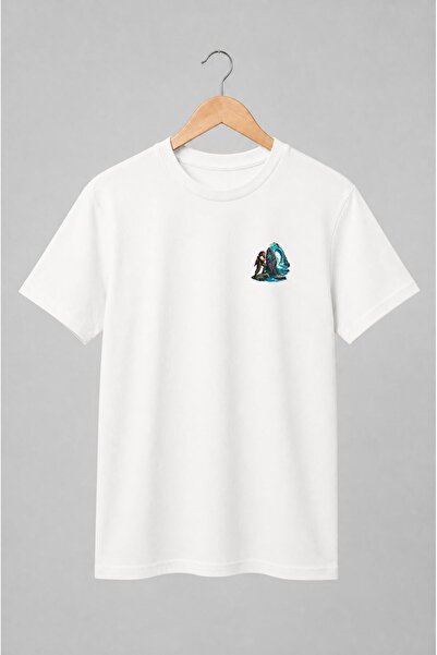 Generic Brand Tricou unisex cu Exploratoare fantasy lângă monolitul cu cascadă