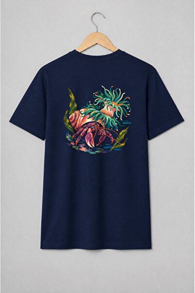 Generic Brand Tricou unisex cu Crab pustnic cu anemone marine stil ilustrat