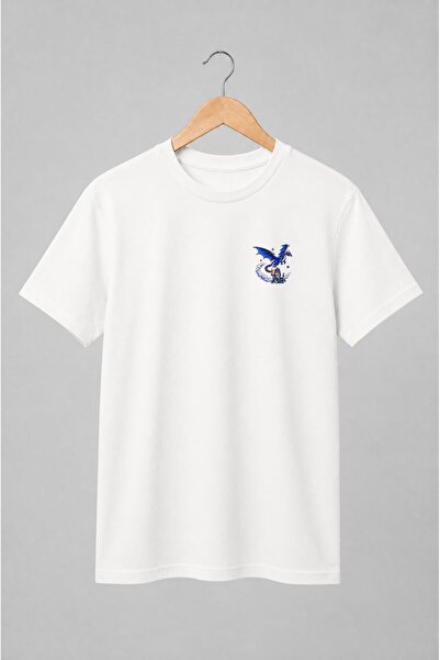 Generic Brand Tricou unisex cu Dragon albastru cu castel pixel art