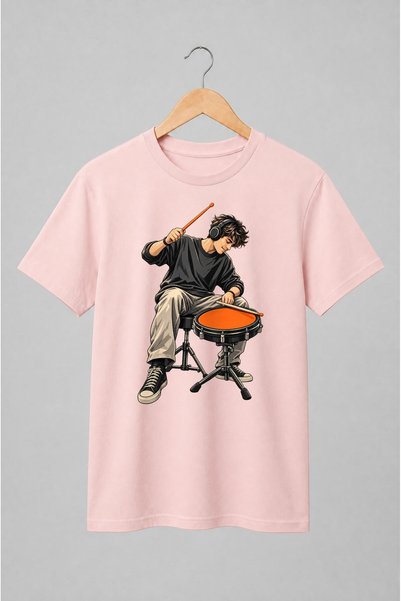 Generic Brand Tricou unisex cu Baterist cu căști și tobă ilustrație muzicală