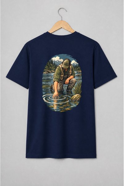 Generic Brand Tricou unisex cu Pescar în râu cu munți stil outdoor