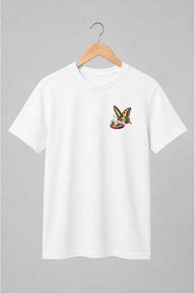 Generic Brand Tricou unisex cu Fluture la adăpătoare cu plantă stil vintage