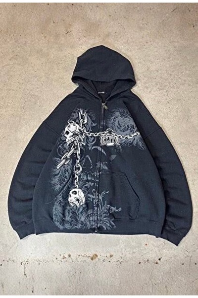 Köstebek Siyah Gallows Skulls Y2K MMA Cyber Grunge Kapüşonlu Sweatshirt
