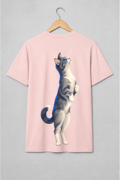 Generic Brand Tricou unisex cu Pisică gri cu ochi albaștri în stil ilustrat