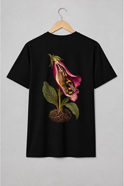 Generic Brand Tricou unisex cu Floare de degetar cu bondar ilustrație botanică