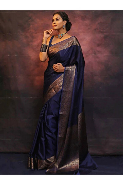 MYSMAR Dark Blue Soft Silk Saree with Woven Zari Border - MAF101260 | Dark Blue