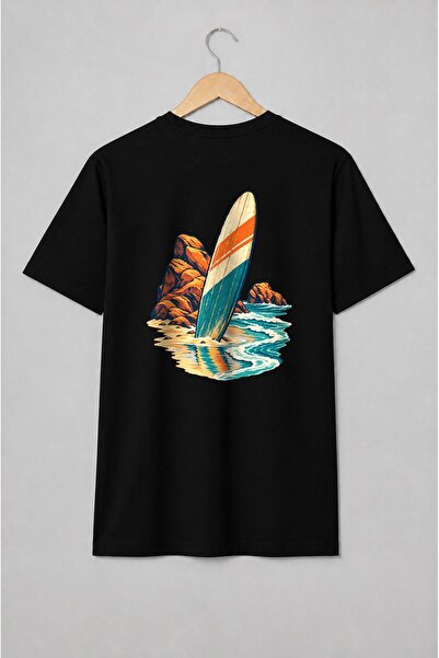 Generic Brand Tricou unisex cu Placă de surf pe plajă în stil retro