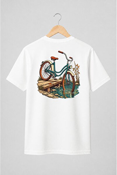 Generic Brand Tricou unisex cu Bicicletă vintage pe pod de lemn