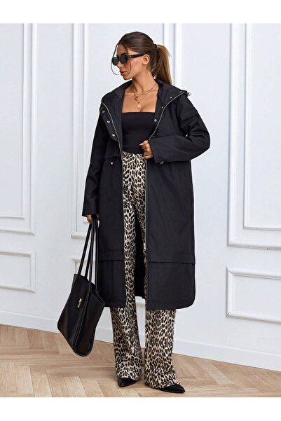 ladyzey Women's Black Hooded Long Trench Coat with Drawstring Waist