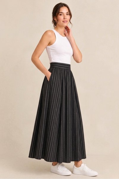 Generic Brand Long Back Waist Elastic Pocketed Striped Skirt