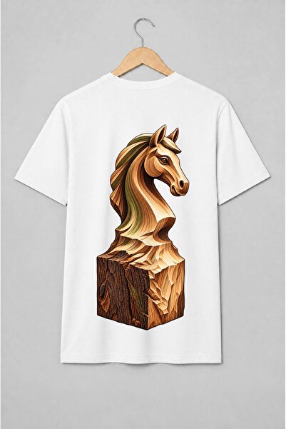 Generic Brand Tricou unisex cu Cap de cal sculptat în lemn stil artizanal
