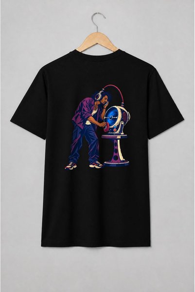 Generic Brand Tricou unisex cu DJ cu căști și aparat audio retro-futurist