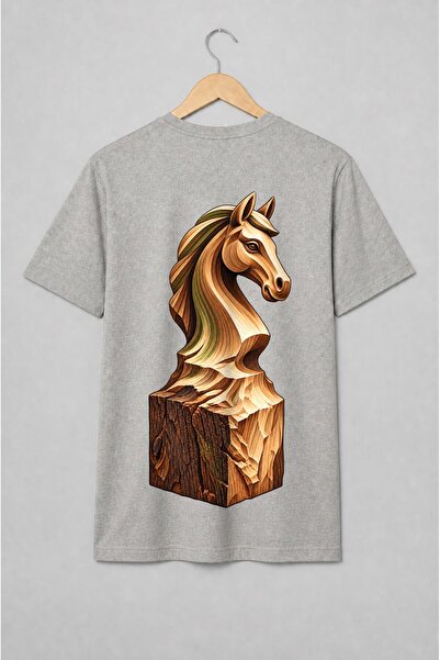 Generic Brand Tricou unisex cu Cap de cal sculptat în lemn stil artizanal