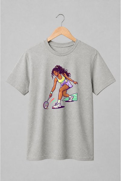 Generic Brand Tricou unisex cu Jucătoare de badminton în mișcare stil retro
