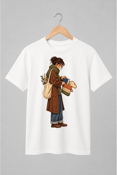 Generic Brand Tricou unisex cu Femeie cu carte și flori uscate stil cottagecore