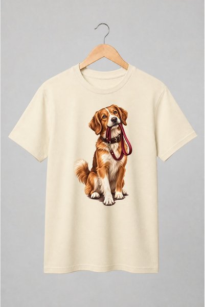 Generic Brand Tricou unisex cu Cățeluș cu lesă în gură ilustrație realistă